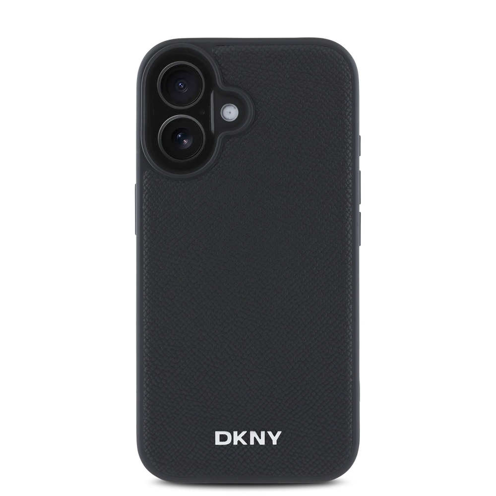 DKNY PU Leather Sidabrinis Metal Logo Magsafe Apple iPhone 16 dėklas jūsų telefonui juodos spalvos