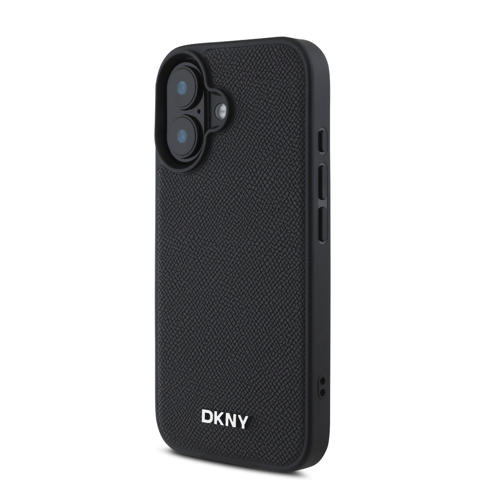DKNY PU Leather Sidabrinis Metal Logo Magsafe Apple iPhone 16 dėklas jūsų telefonui juodos spalvos