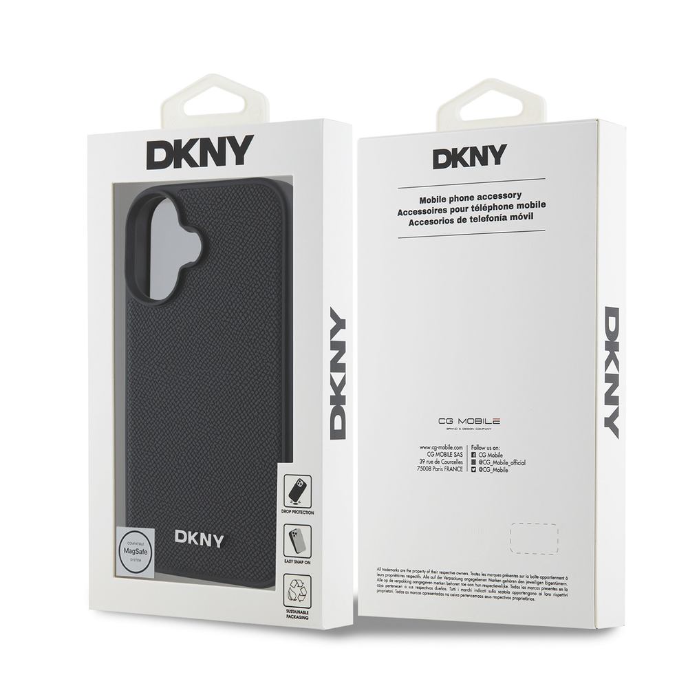 DKNY PU Leather Sidabrinis Metal Logo Magsafe Apple iPhone 16 dėklas jūsų telefonui juodos spalvos