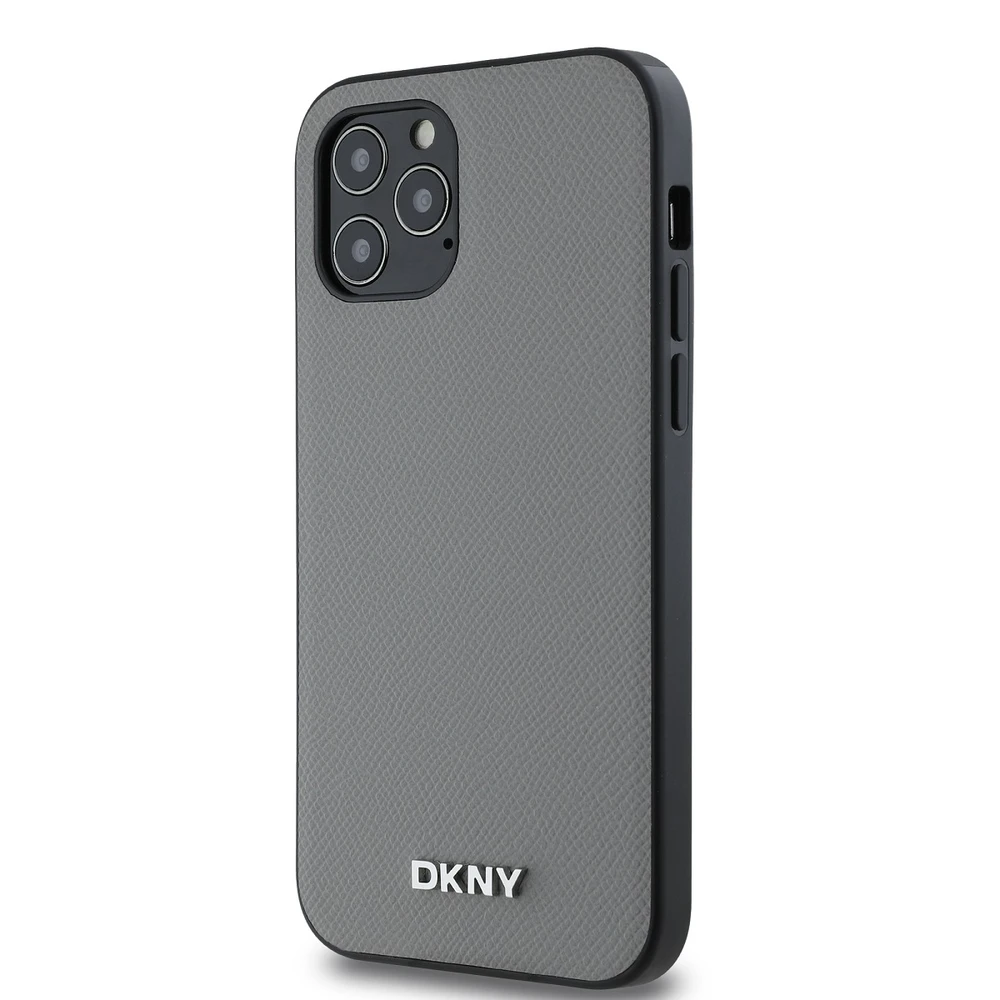 DKNY PU odos dėklas su sidabrinės spalvos metaliniu logotipu ir MagSafe funkcija, skirtas iPhone 12/12 Pro, pilkos spalvos