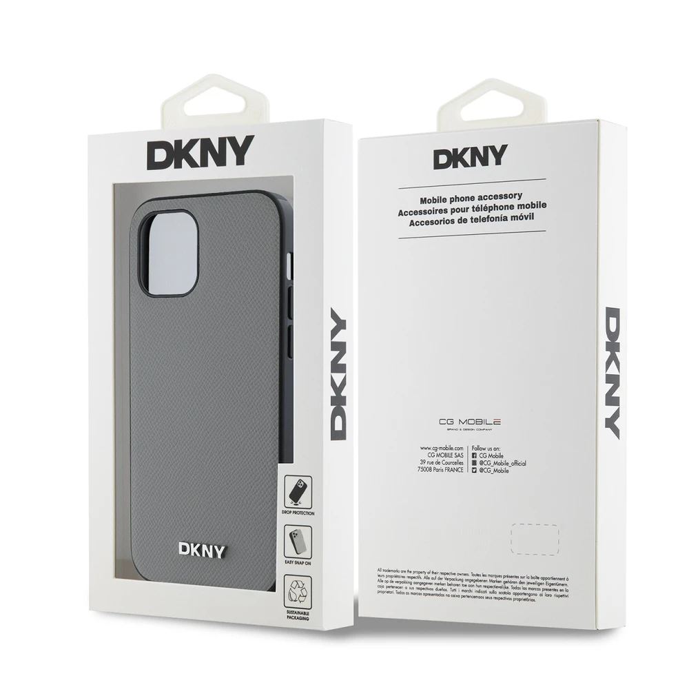 DKNY PU odos dėklas su sidabrinės spalvos metaliniu logotipu ir MagSafe funkcija, skirtas iPhone 12/12 Pro, pilkos spalvos