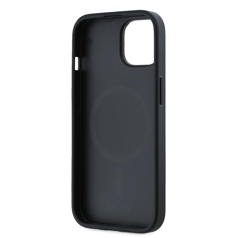 DKNY PU Leather Sidabrinis Metal Logo Magsafe dėklas telefonui Apple iPhone 15 juodos spalvos