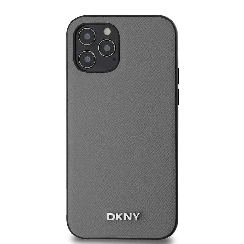 DKNY PU odos dėklas su sidabrinės spalvos metaliniu logotipu ir MagSafe funkcija, skirtas iPhone 12/12 Pro, pilkos spalvos