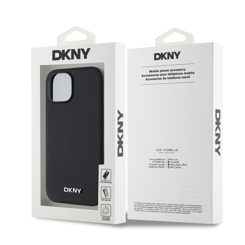 DKNY PU Leather Sidabrinis Metal Logo Magsafe dėklas telefonui Apple iPhone 15 juodos spalvos