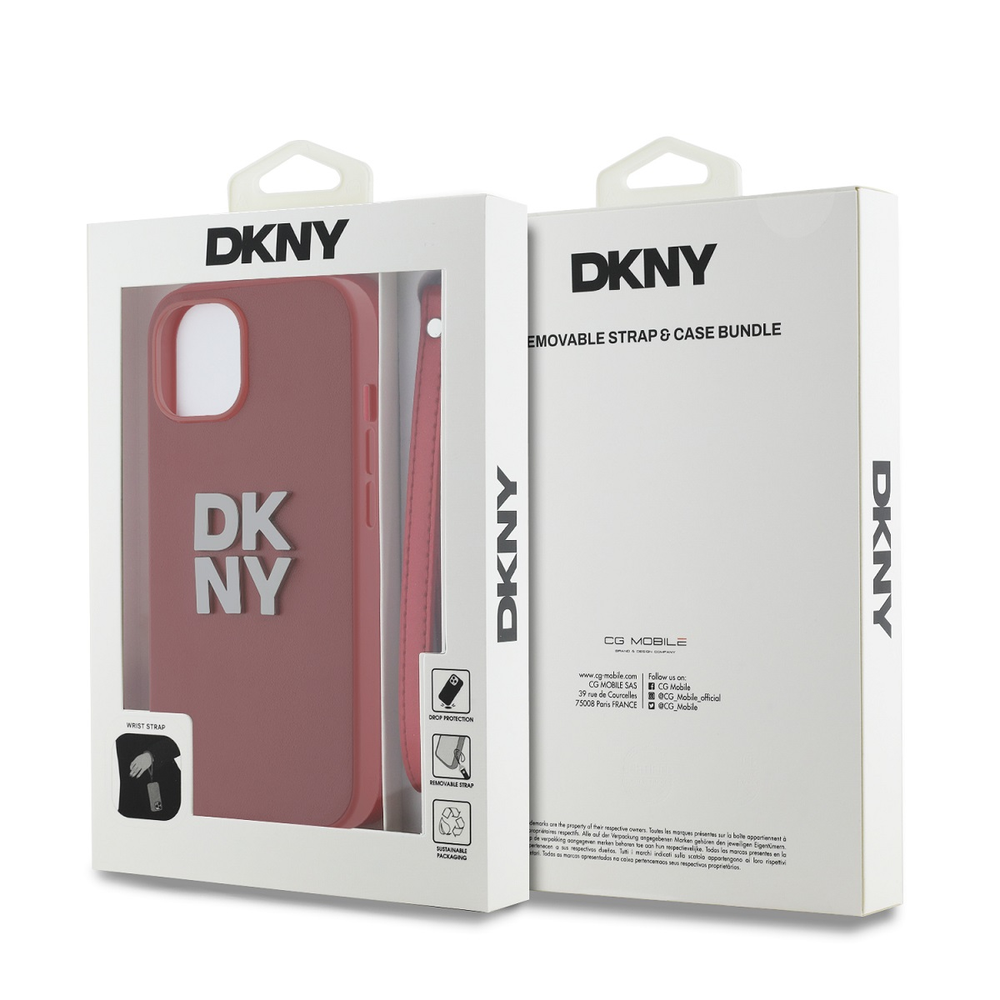 DKNY PU Leather Stack Logo Wrist Strap dėklas telefonui Apple iPhone 15 raudonos spalvos