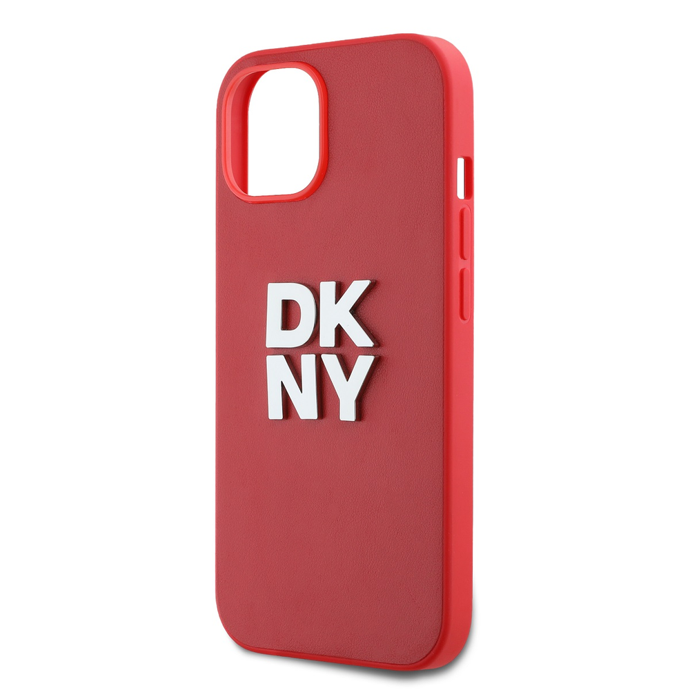 DKNY PU Leather Stack Logo Wrist Strap dėklas telefonui Apple iPhone 15 raudonos spalvos