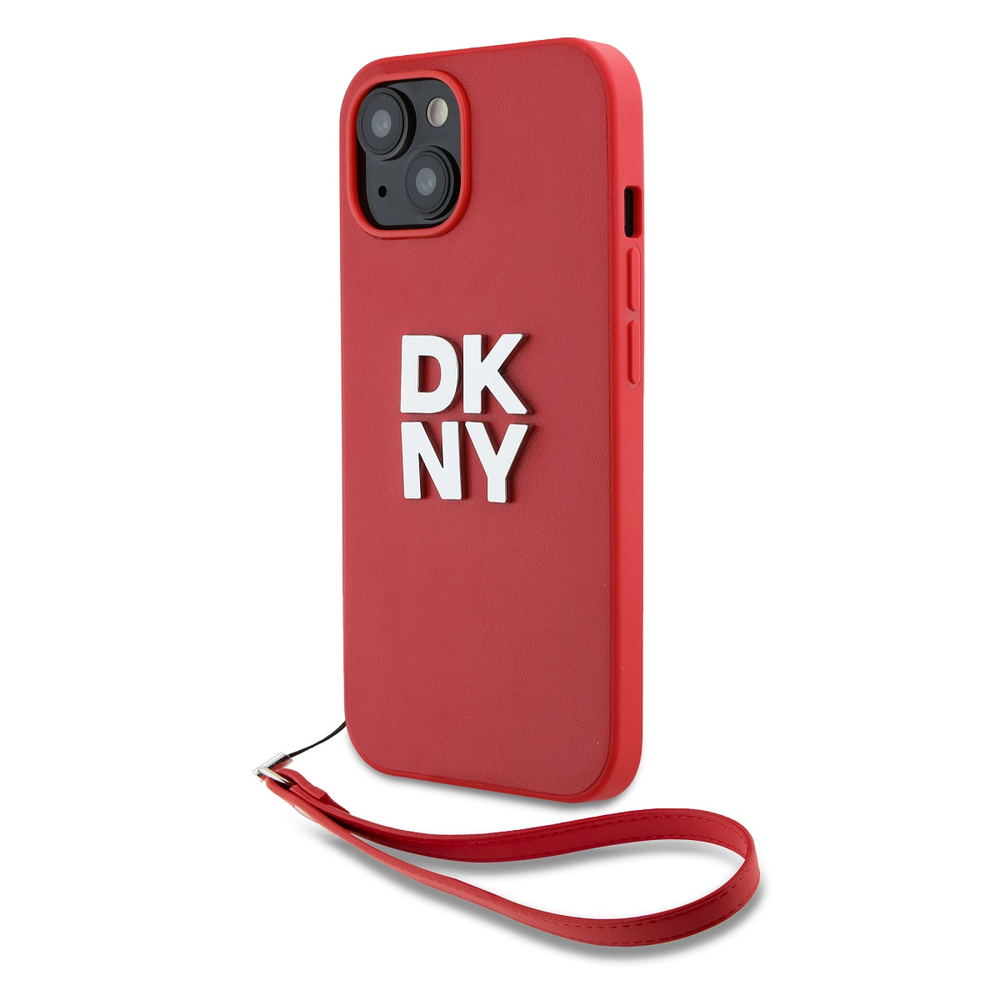 DKNY PU Leather Stack Logo Wrist Strap dėklas telefonui Apple iPhone 15 raudonos spalvos