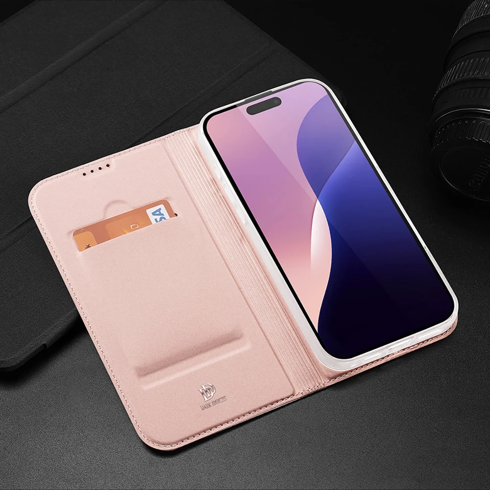 Dux Ducis atverčiamas dėklas SKIN PRO skirtas Apple iPhone 16 Pro Max rožinės spalvos