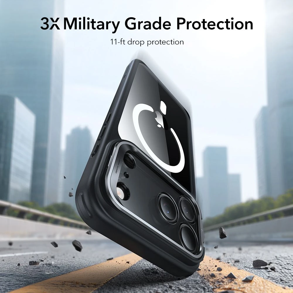 ESR klasikinis hibridinis „Kickstand MagSafe“ dėklas, skirtas iPhone 17 Pro Max – skaidrus, juodas