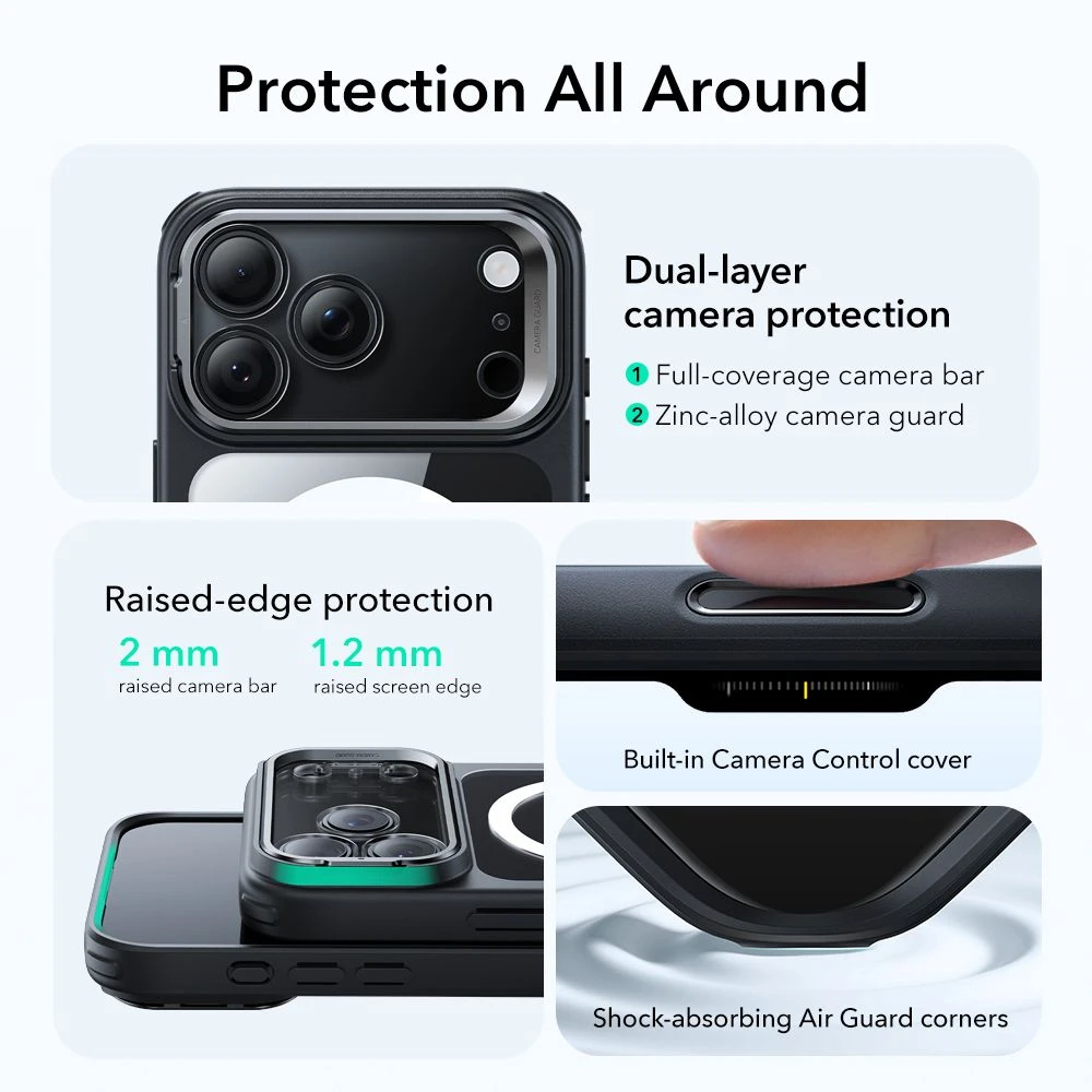 ESR klasikinis hibridinis „Kickstand MagSafe“ dėklas, skirtas iPhone 17 Pro Max – skaidrus, juodas