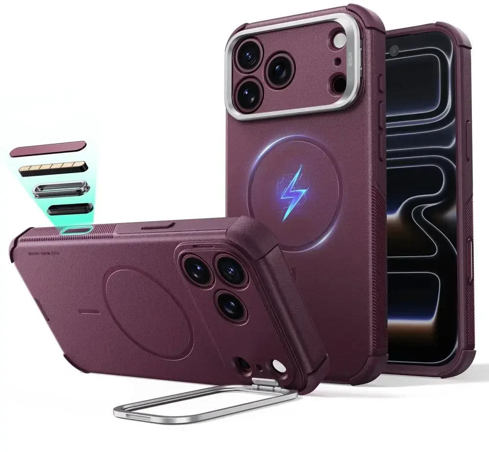 ESR CYBER TOUGH DĖKLAS SU STOVU IR MagSafe iPhone 17 Pro / 18 Pro TAMSIAI BORDO SPALVOS