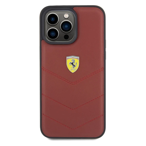 Ferrari Leather Stitched Lines dėklas, skirtas iPhone 15 Pro Max - raudonas