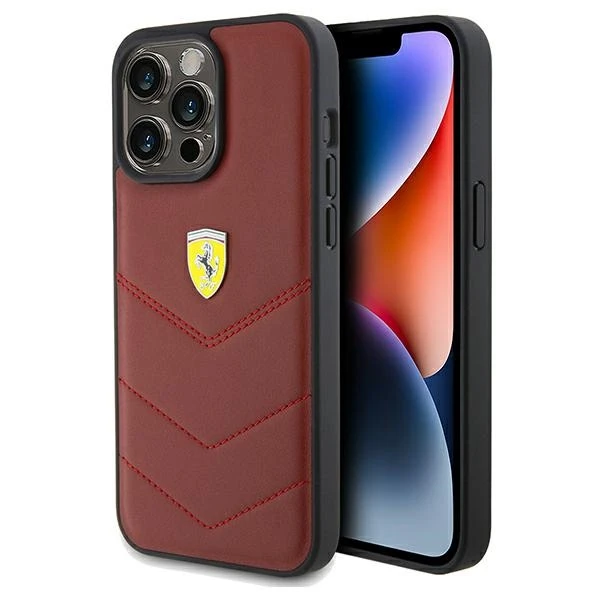 Ferrari Leather Stitched Lines dėklas, skirtas iPhone 15 Pro Max - raudonas