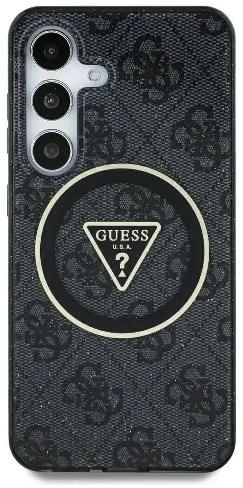 Guess 4G Glitter Triangle Mygtukai MagSafe Samsung Galaxy S25 Ultra dėklas telefonui juodos spalvos