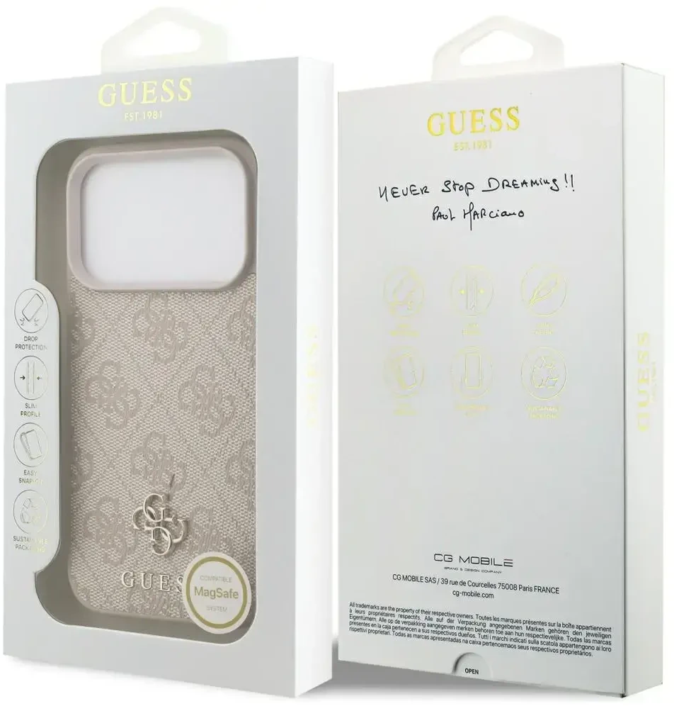 Guess 4G Small Classic Logo MagSafe dėklas, skirtas iPhone 18 Pro / 17 Pro, rožinis