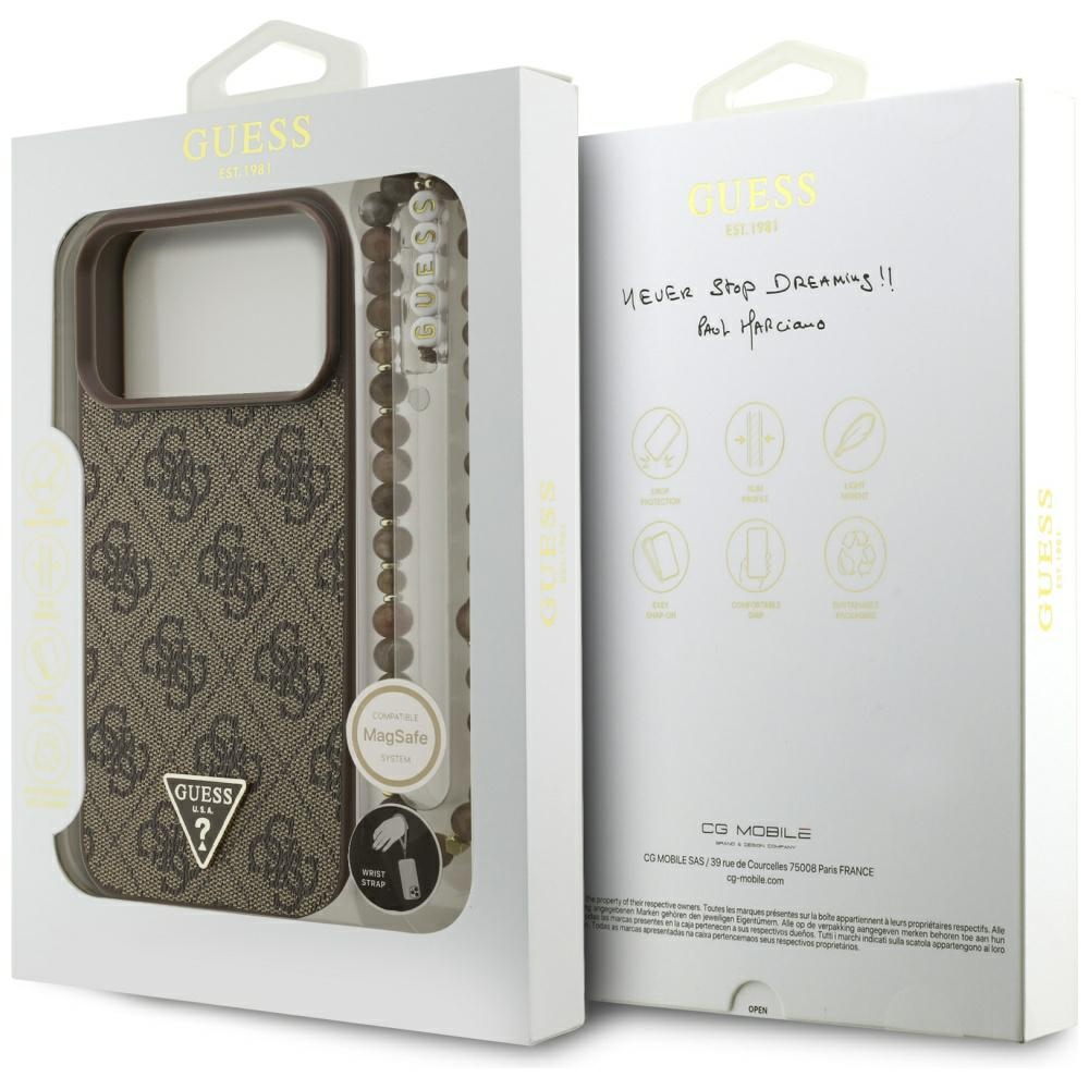Original dėklas GUESS 4G Strap Triangle Logo MagSafe skirtas Apple iPhone 17 Pro Max rudos spalvos