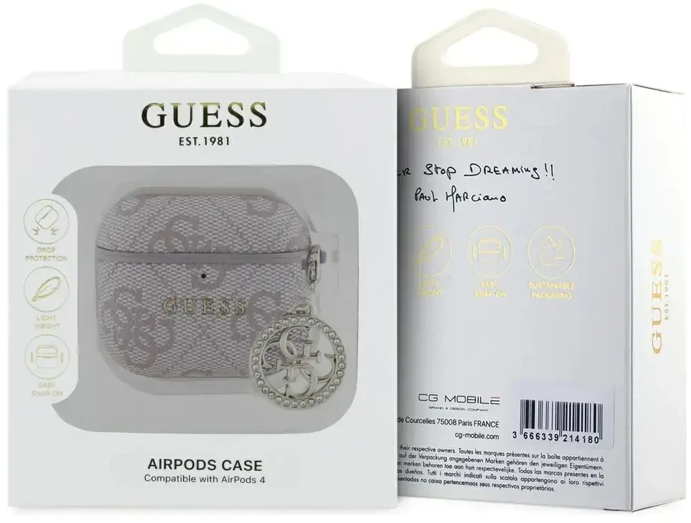 Guess 4G Script PC/PU Charm dėklas skirtas AirPods 4 rožinės spalvos