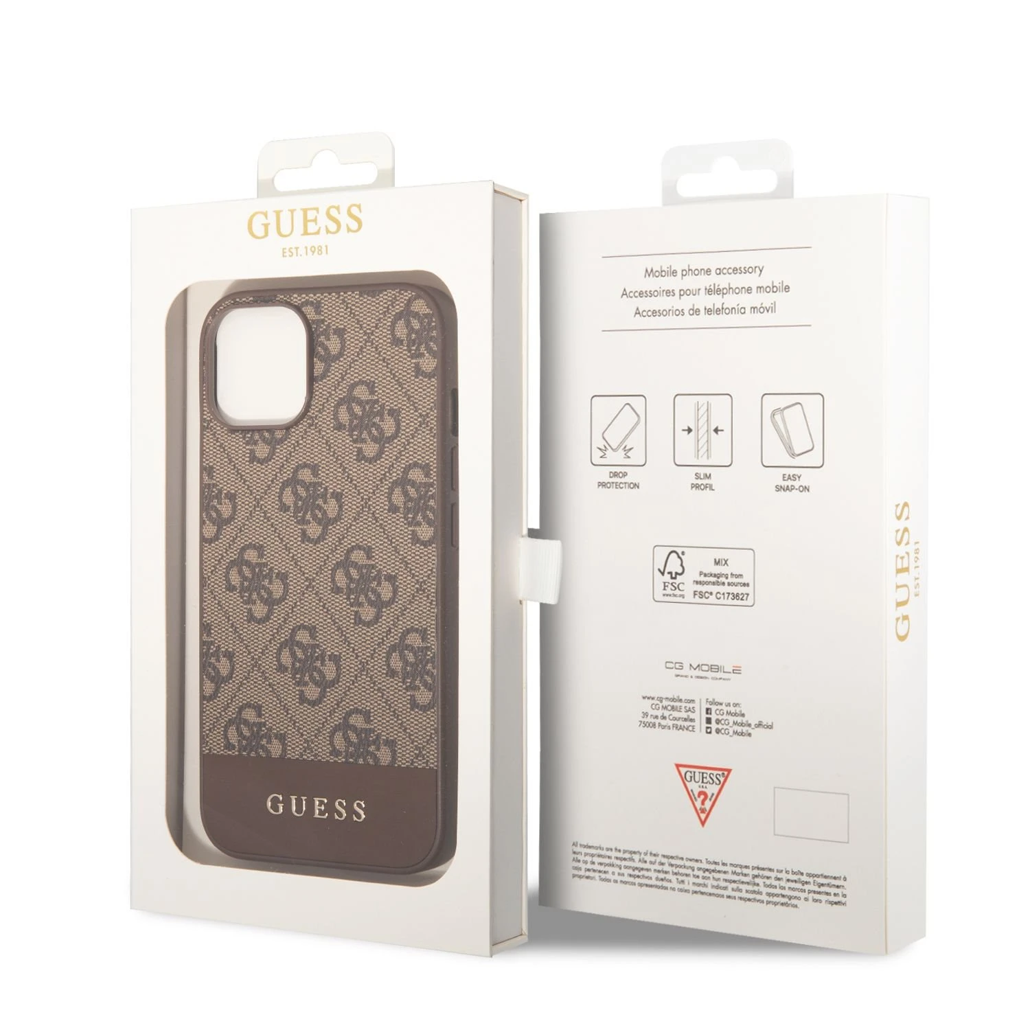 Dėklas GUESS Hardcase 4G Stripe Collection GUHCP14MG4GLBR galinis dangtelis, Apple, iPhone 14 Plus, ruda, 6,7 colio