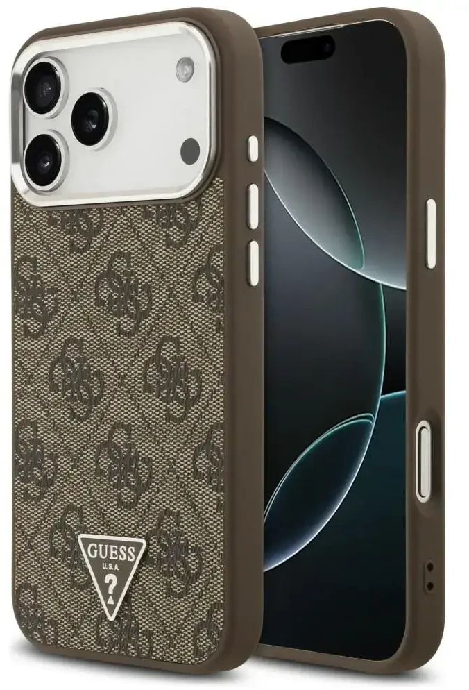 Guess 4G Triangle Logo MagSafe dėklas, skirtas iPhone 18 Pro Max / 17 Pro Max, rudas, sidabrinis