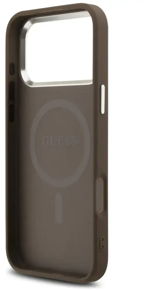 Guess 4G Triangle Logo MagSafe dėklas, skirtas iPhone 18 Pro Max / 17 Pro Max, rudas, sidabrinis