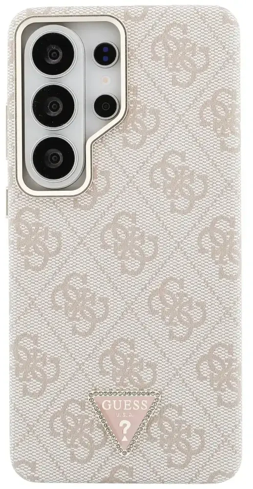 Guess PU Leather 4G Strass Triangle Logo Gold Frame Magnetic dėklas skirtas Samsung Galaxy S26 Ultra rožinės spalvos