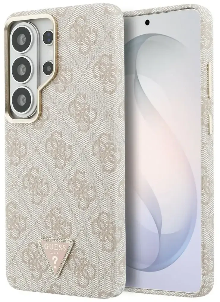 Guess PU Leather 4G Strass Triangle Logo Gold Frame Magnetic dėklas skirtas Samsung Galaxy S26 Ultra rožinės spalvos