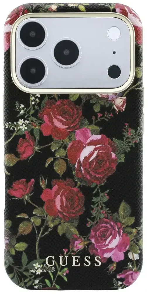 Dėklas Guess Blossom Roses Print MagSafe do iPhone 18 Pro / 17 Pro juoda