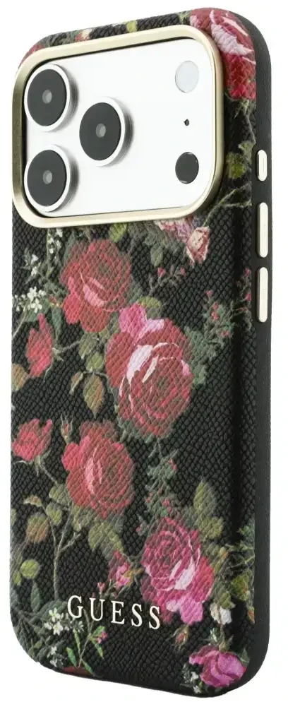 Dėklas Guess Blossom Roses Print MagSafe do iPhone 18 Pro / 17 Pro juoda