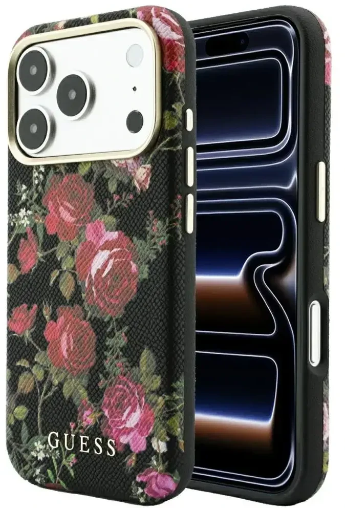 Dėklas Guess Blossom Roses Print MagSafe do iPhone 18 Pro / 17 Pro juoda