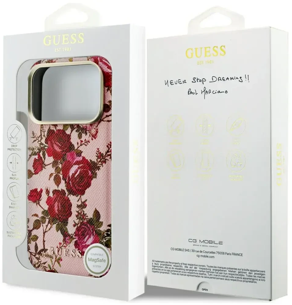 Dėklas Guess Blossom Roses Print MagSafe do iPhone 18 Pro Max / 17 Pro Max rožinė