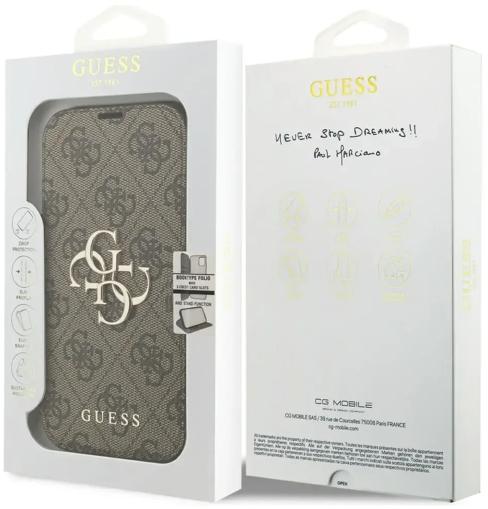 Dėklas Guess Book 4G Metal Logo do iPhone 18 Pro / 17 Pro ruda