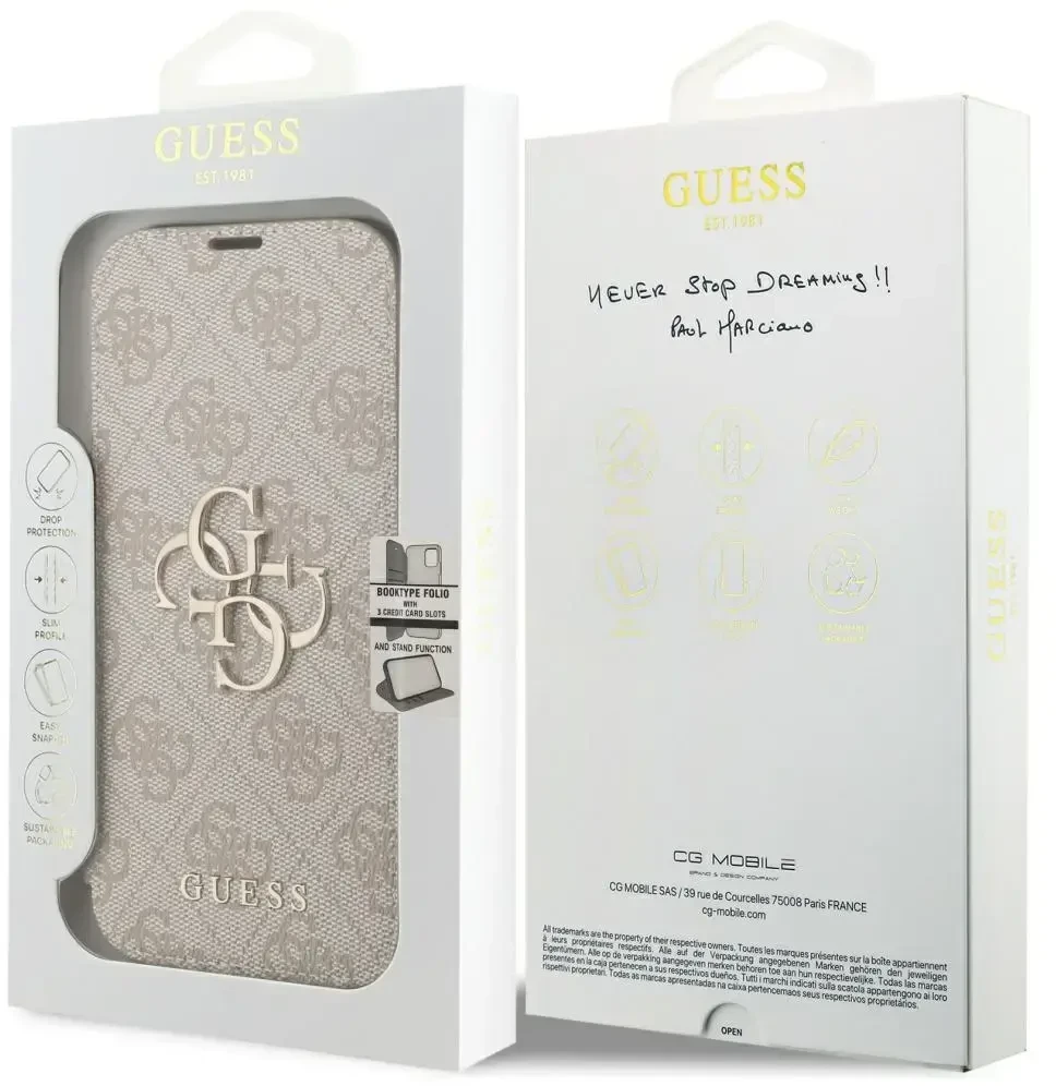 Dėklas Guess Book 4G Metal Logo do iPhone 18 Pro / 17 Pro rožinė