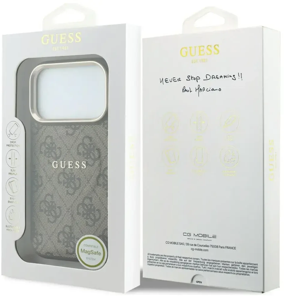 Guess Embossed 4G Classic MagSafe dėklas skirtas iPhone 18 Pro / iPhone 17 Pro ruda