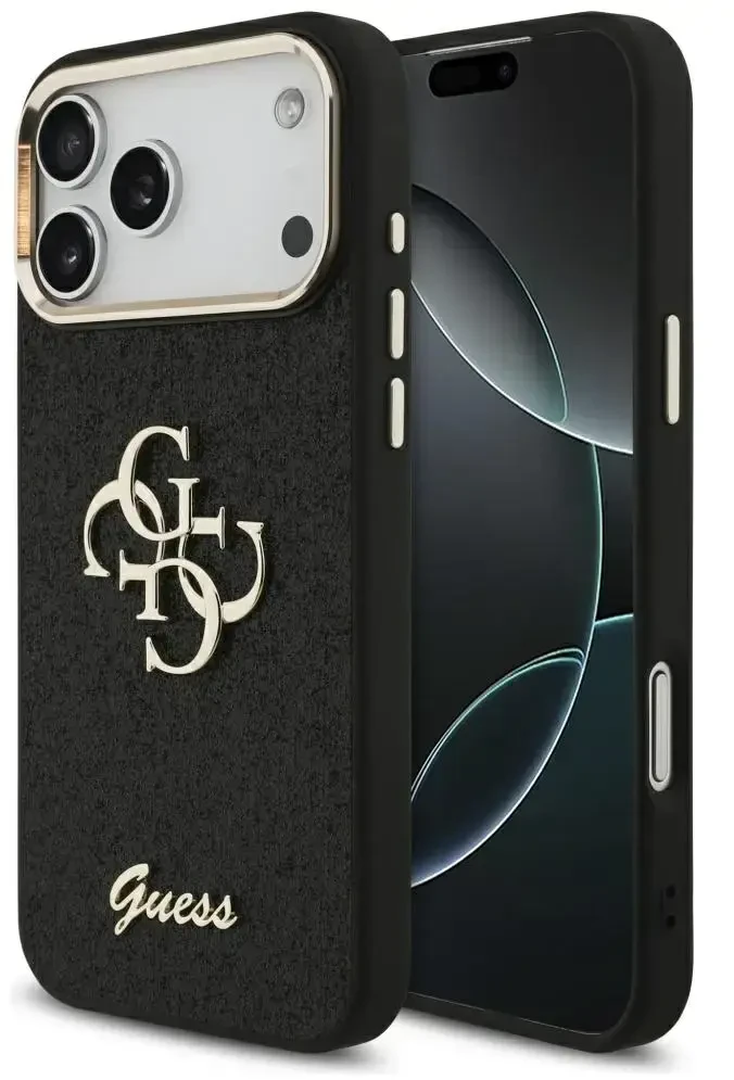 Guess Fixed Glitter Big 4G Metal Frame – dėklas skirtas Apple iPhone 17 Pro Max juodas