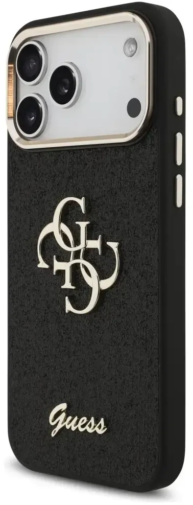 Guess Fixed Glitter Big 4G Metal Frame – dėklas skirtas Apple iPhone 17 Pro Max juodas