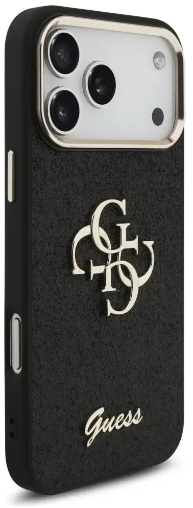 Guess Fixed Glitter Big 4G Metal Frame – dėklas skirtas Apple iPhone 17 Pro Max juodas