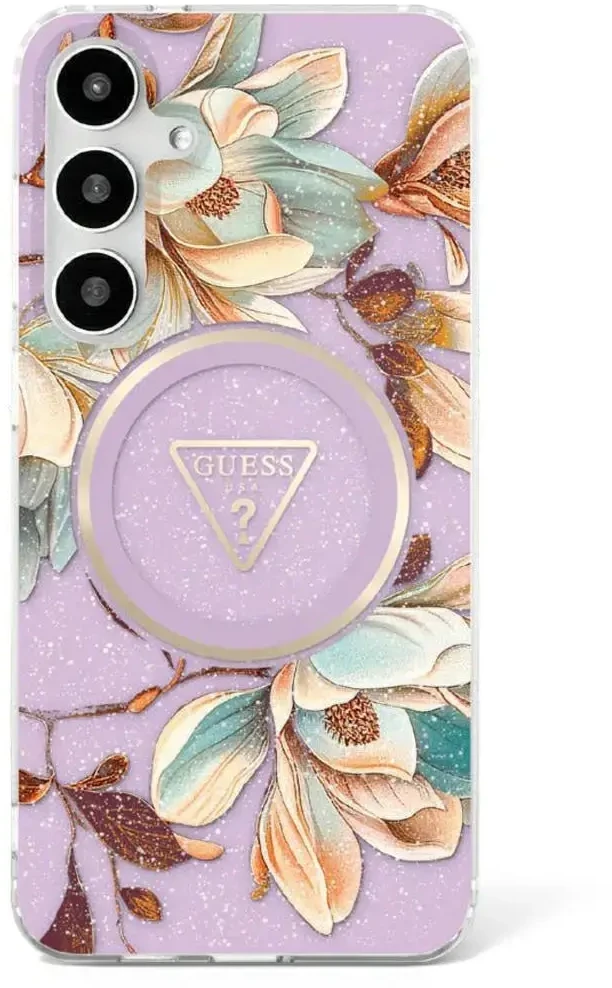 Original GUESS Glitter Flowers Triangle Mygtukai Magsafe Samsung Galaxy S25 Ultra dėklas telefonui violetinės spalvos