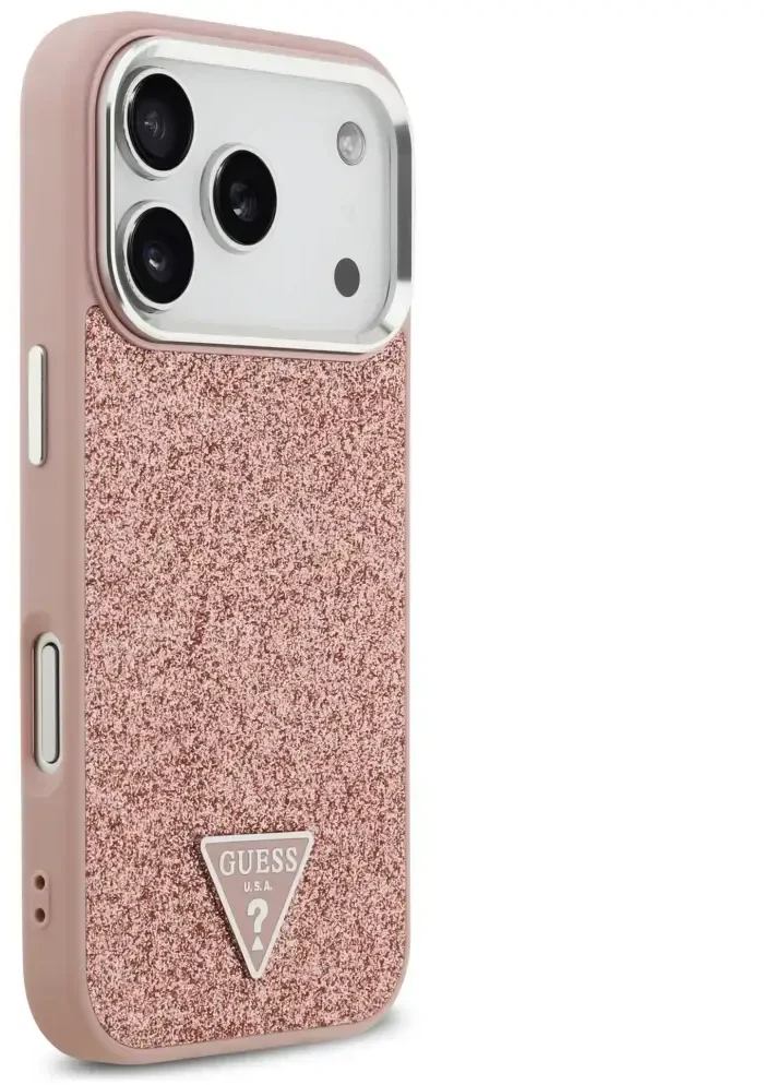GUESS dėklas, skirtas IPHONE 17 Pro, suderinamas su „MagSafe“ GUHMP17LPFGTSCMP (PU blizgučiai su trikampio logotipu), rožinis