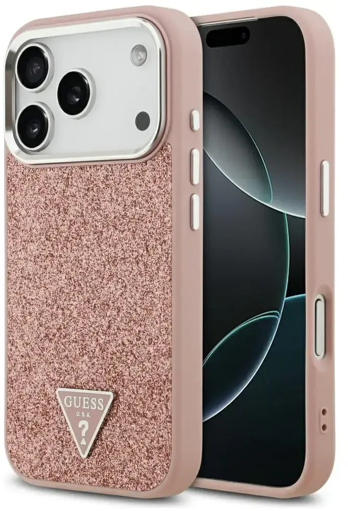 GUESS dėklas, skirtas IPHONE 17 Pro, suderinamas su „MagSafe“ GUHMP17LPFGTSCMP (PU blizgučiai su trikampio logotipu), rožinis