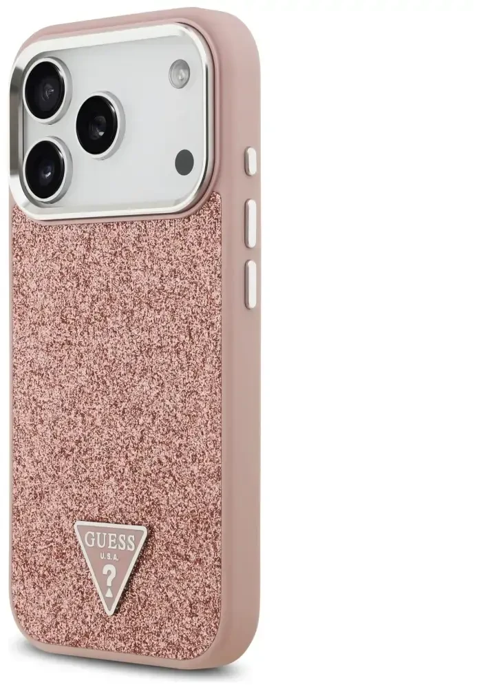 GUESS dėklas, skirtas IPHONE 17 Pro, suderinamas su „MagSafe“ GUHMP17LPFGTSCMP (PU blizgučiai su trikampio logotipu), rožinis