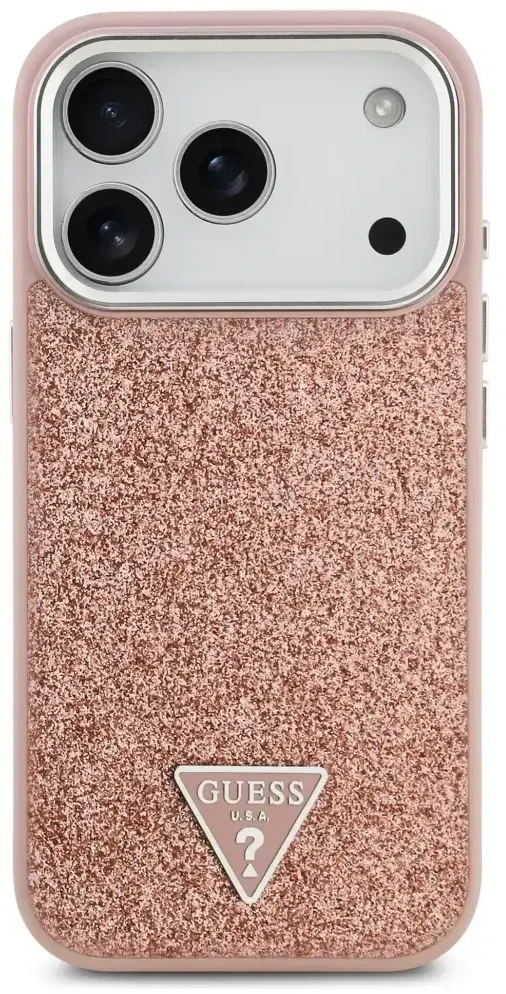 GUESS dėklas, skirtas IPHONE 17 Pro, suderinamas su „MagSafe“ GUHMP17LPFGTSCMP (PU blizgučiai su trikampio logotipu), rožinis