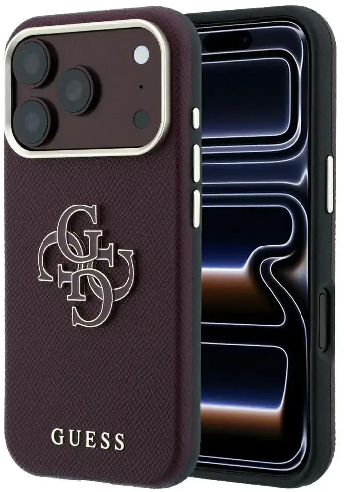 Guess Grained & Big Resin Logo dėklas, skirtas iPhone 18 Pro Max / 17 Pro Max, bordo spalvos