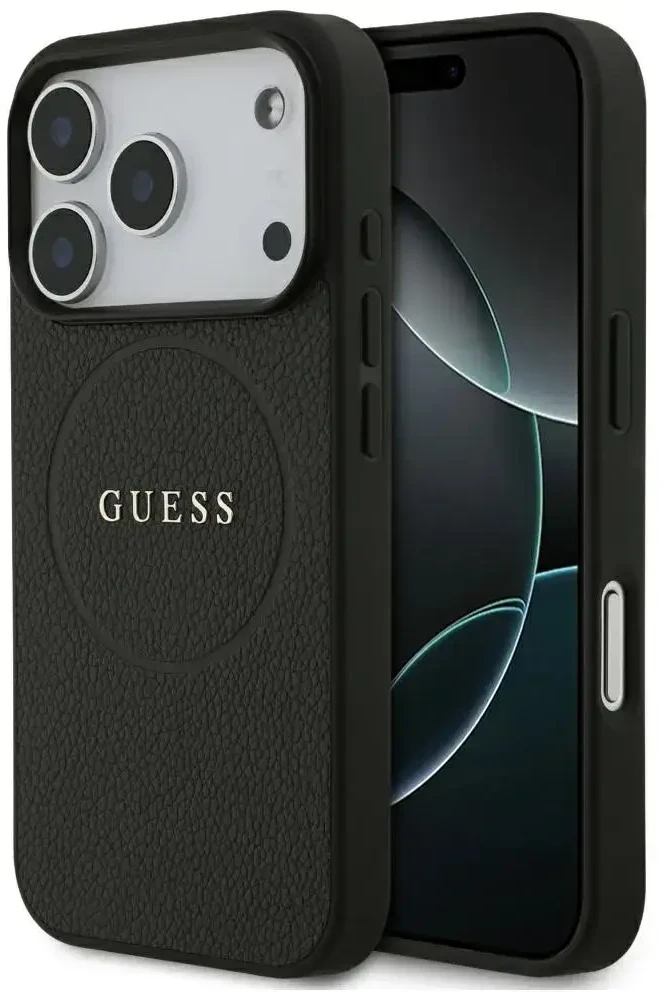 Dėklas Guess Grained Gold Ring MagSafe do iPhone 18 Pro / 17 Pro juoda