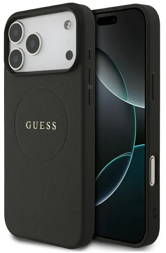 Dėklas Guess Grained Gold Ring MagSafe do iPhone 18 Pro Max / 17 Pro Max juoda