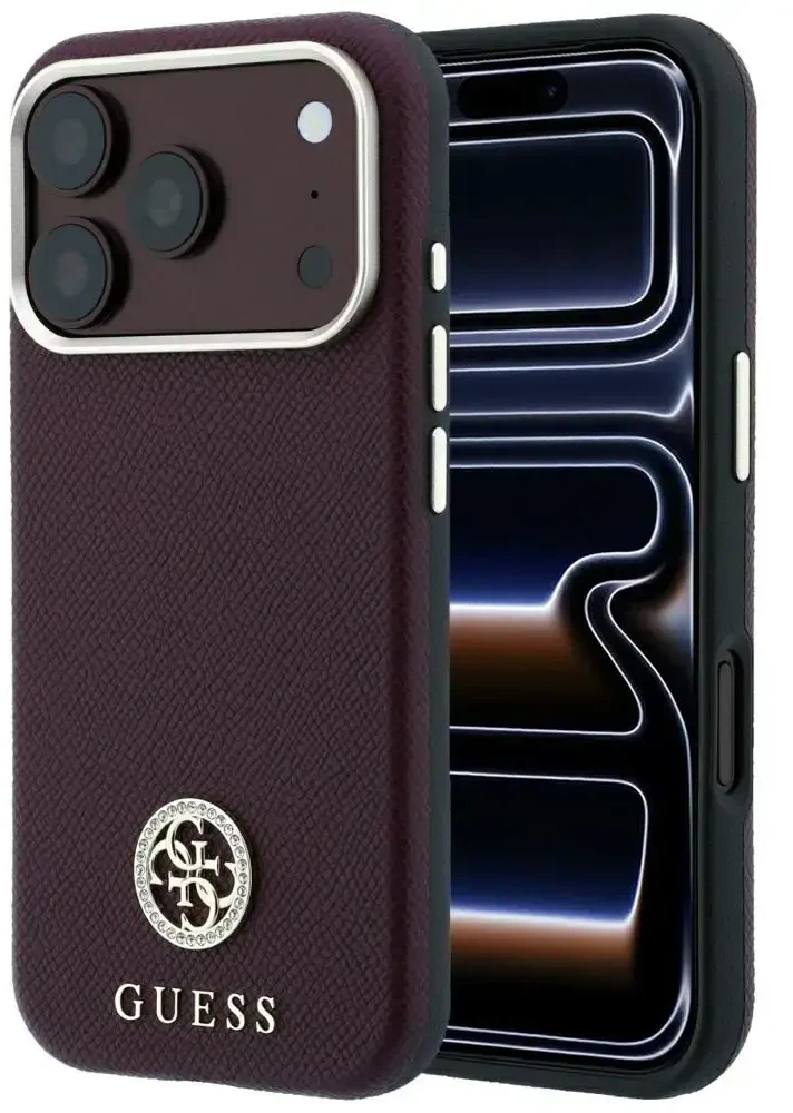 Dėklas Guess Grained Round Strass Logo MagSafe do iPhone 18 Pro Max / 17 Pro Max bordo spalvos