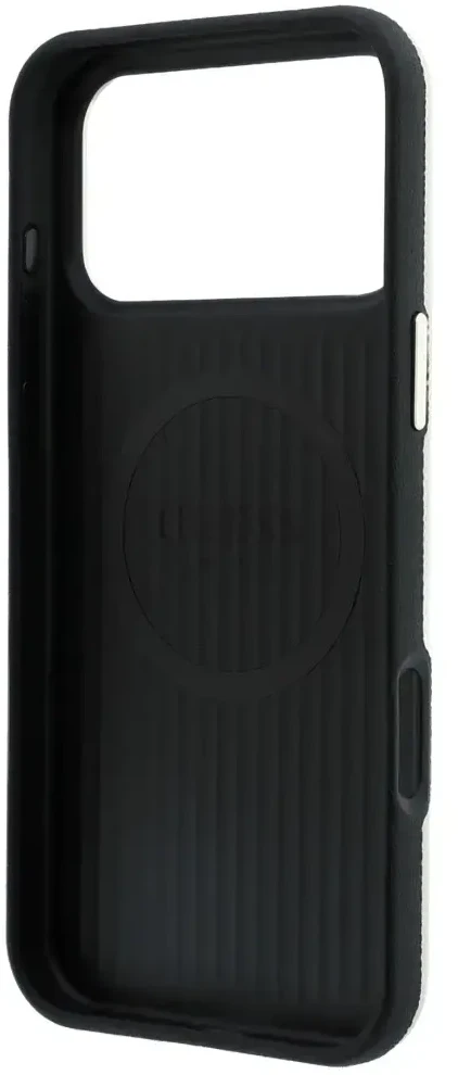 Dėklas Guess Grained Round Strass Logo MagSafe do iPhone 18 Pro / 17 Pro smėlio spalva