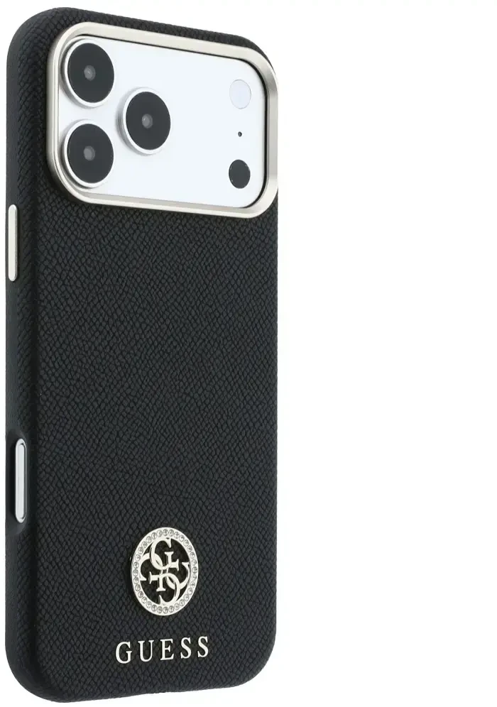 Guess Grained Round Strass Logo MagSafe dėklas, skirtas iPhone 18 Pro Max / 17 Pro Max, juodas