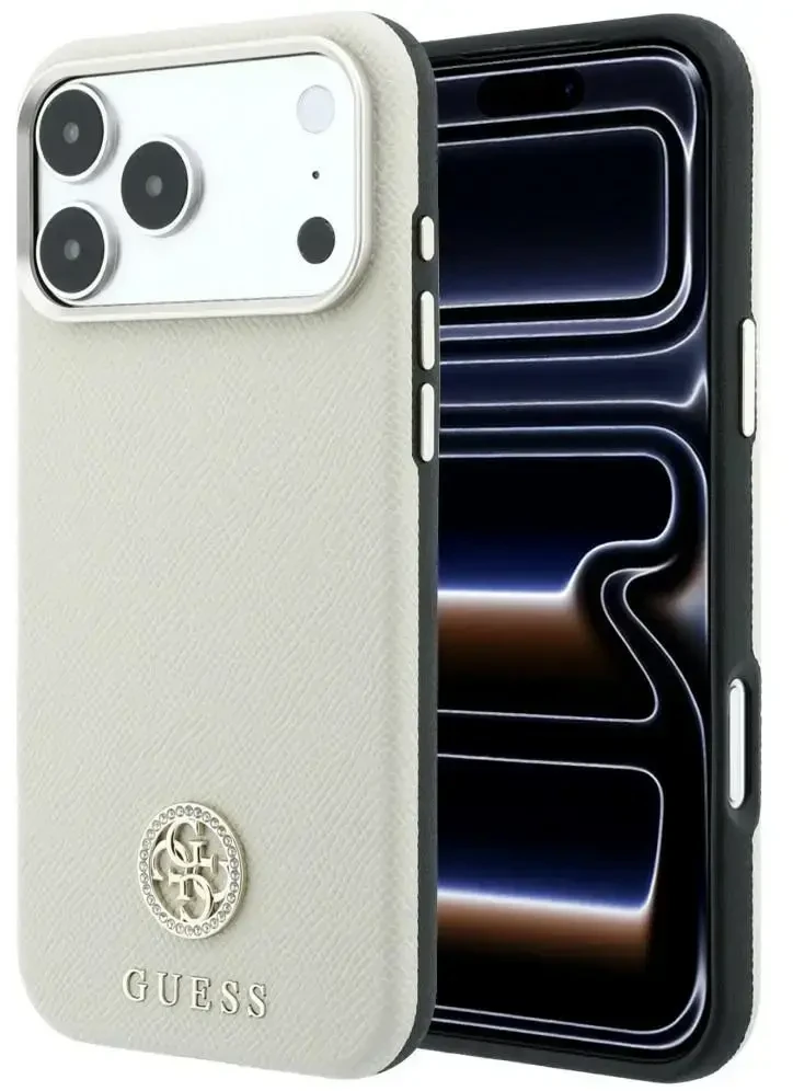 Guess Grained Round Strass Logo MagSafe dėklas, skirtas iPhone 18 Pro Max / 17 Pro Max – smėlio spalvos