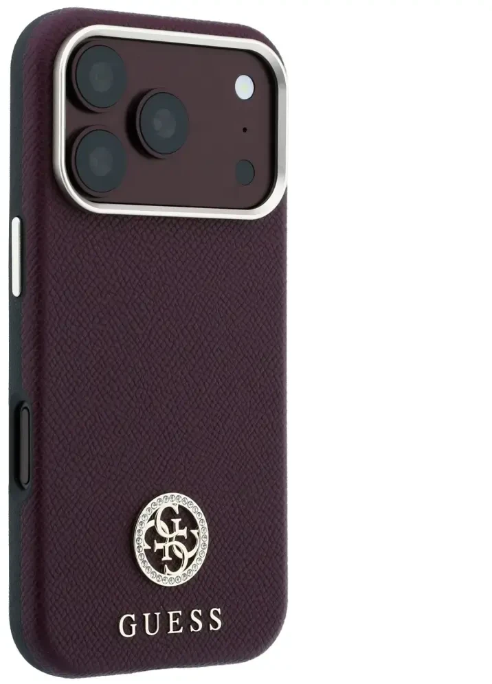 Dėklas Guess Grained Round Strass Logo MagSafe do iPhone 18 Pro Max / 17 Pro Max bordo spalvos