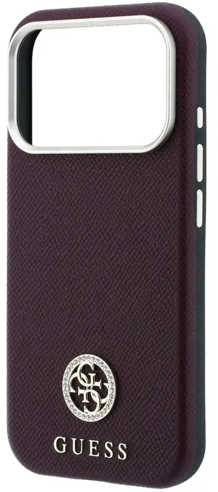 Dėklas Guess Grained Round Strass Logo MagSafe do iPhone 18 Pro Max / 17 Pro Max bordo spalvos